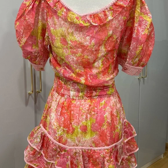 LoveShackFancy Safiya Ruffled Pink and Yellow Silk-blend Floral Mini Dress - Picture 6 of 8